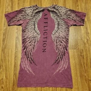 Vtg Affliction Shirt Women Large Purple V-Neck Big Angel Wings Rhinestone Y2K